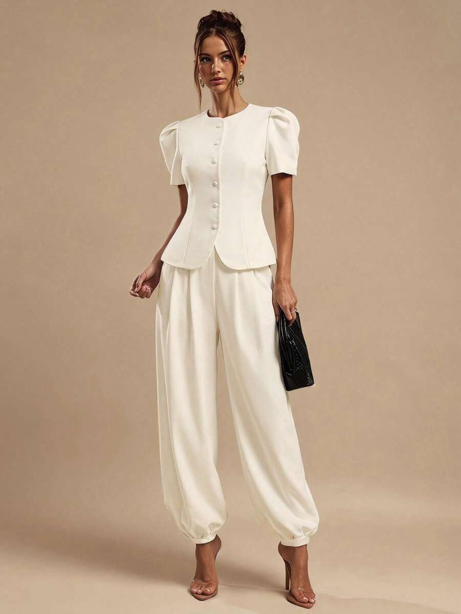 SHEIN BAE Spring/Summer Solid Apricot Color Suit Lantern Pants Women Long Pants - Apricot - View 1