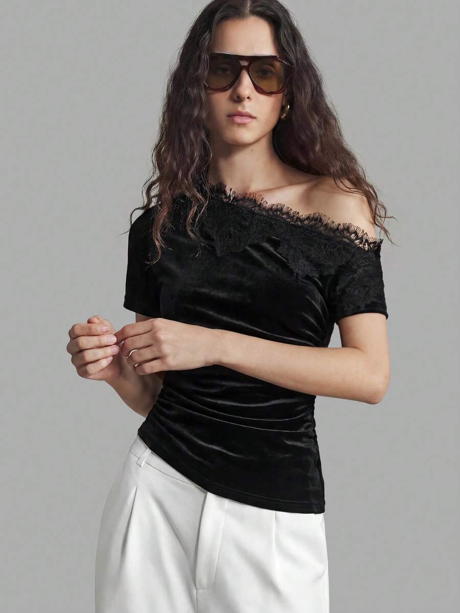 Ontre Women's Black Velvet Slim Fit Asymmetrical Shoulder Lace Trim Short Sleeve Top, Modern Sexy Business Casual Office Dinner Night Out Summer Top - Black - View 1