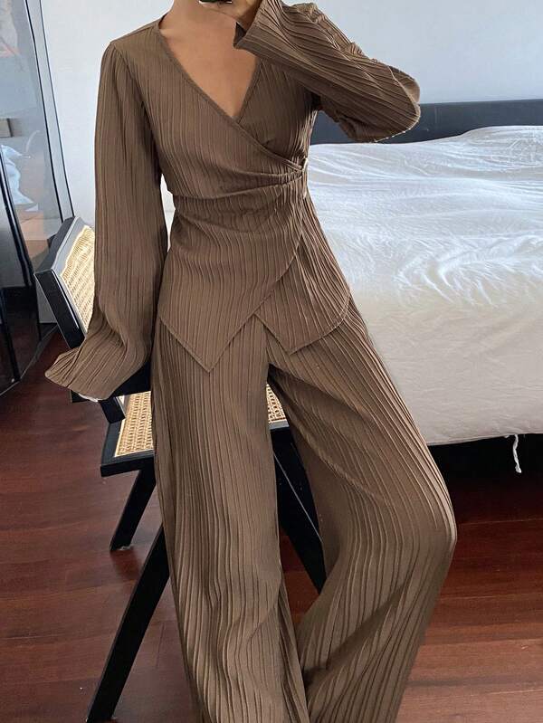 DAZY Solid Color Textured Fabric Fitted Asymmetric Collar Tie Long Sleeve Shirt & Wide Leg Pants Elegant Formal Commute Spring Autumn 2-Piece Set For Women