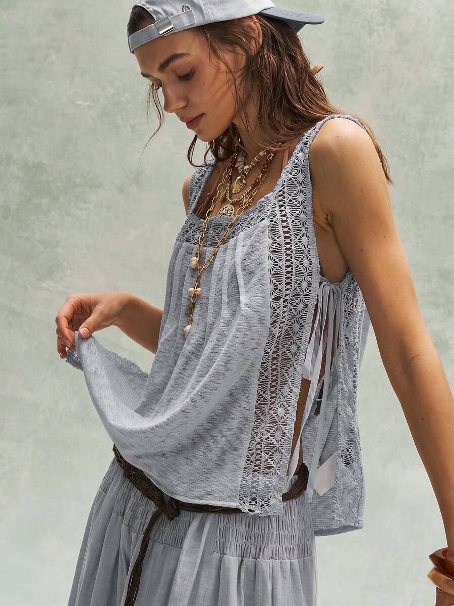 Bohemela Casual Solid Color Knit Loose Fit Women's Tank Top - Blue - View 1