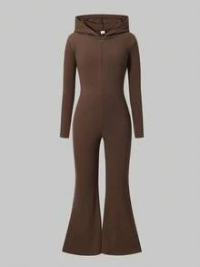 Girls' (Big) Fitted Hooded Jumpsuit, Casual And Comfortable For Daily Wear - Coffee Brown - View 2