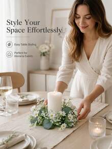 Haus Hana Artificial Daisy Candle Ring Wreath Decor, White Floral Table Centerpiece Ornament For Wedding Banquet Dinner Table Arrangement, Faux Flower Candle Holder Garland Home Desktop Party Layout Prop Reusable Tabletop Decor - Multicolor - View 12