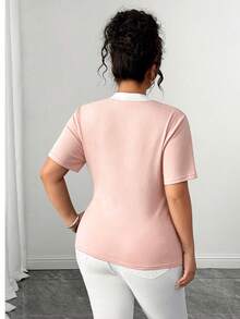 SHEIN Clasi Plus Size Women's Summer New Light Pink Color Block Bow Ribbon Shoulder Short Sleeve T-Shirt, Slimming Elegant Sophisticated Casual Office Formal - Baby Pink - View 2