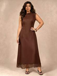 Juhart Lace Patchwork Acetate Satin Waist-Cinching Long Sleeveless Dress - Coffee Brown - View 6
