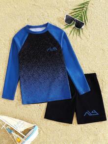 SHEIN Tween Boy Casual Minimalist Yellow & Black Ombre Rash Guard & Swim Trunks Set, Suitable For Summer - Blue - View 5
