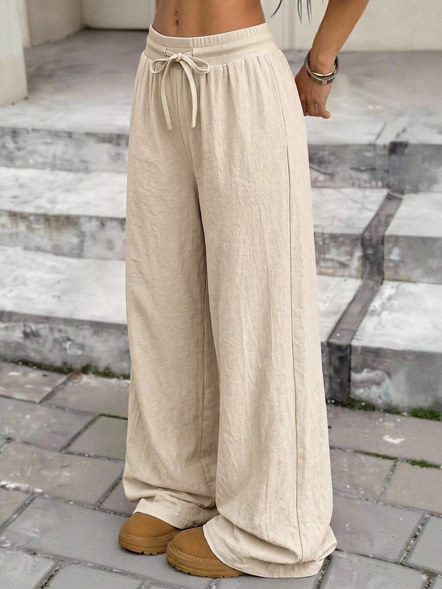 SHEIN Teen Girl Casual Versatile Solid Color Wide Leg Long Pants - Apricot - View 1