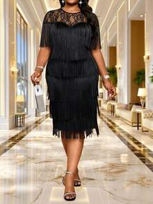 SHEIN Lady Plus Size Women's Contrast Lace Round Neck Tassel Design Elegant 70's Dress Cocktail Party Black Summer - Black - View 6