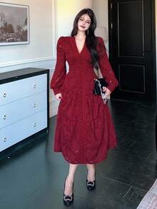 Dazy Tall Women's Deep V-Neck Long Sleeve Cinched Waist Lace Fabric Red Dress Fall - Red - View 7