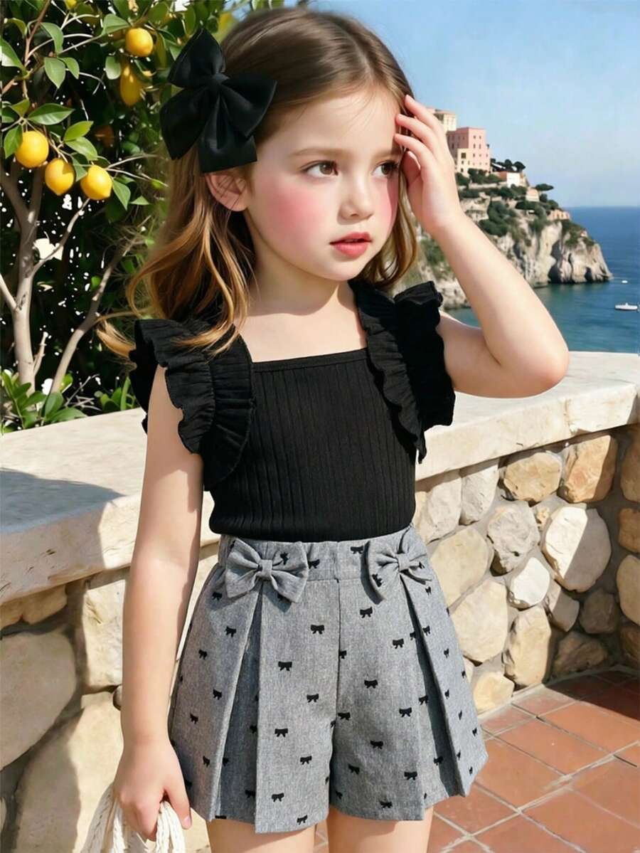Elladie kids Young Girls' Black Ribbed Ruffle Trim Camisole Top & Grey Bow Print Shorts Set, Elegant Summer Birthday Outfit For Casual, Fashionable Daily Wear