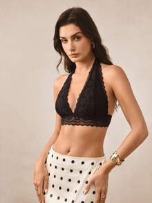 Hourtrue 1pc Women's Lace Trim Seamless Wire-Free Sexy Halter Neck Backless Bra - Black - View 5