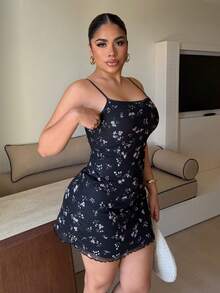 Maria Perezxox 碎花印花荷葉邊細肩帶洋裝，適合夏季出遊、度假與派對，優雅風格 - 黑色 - 查看 4