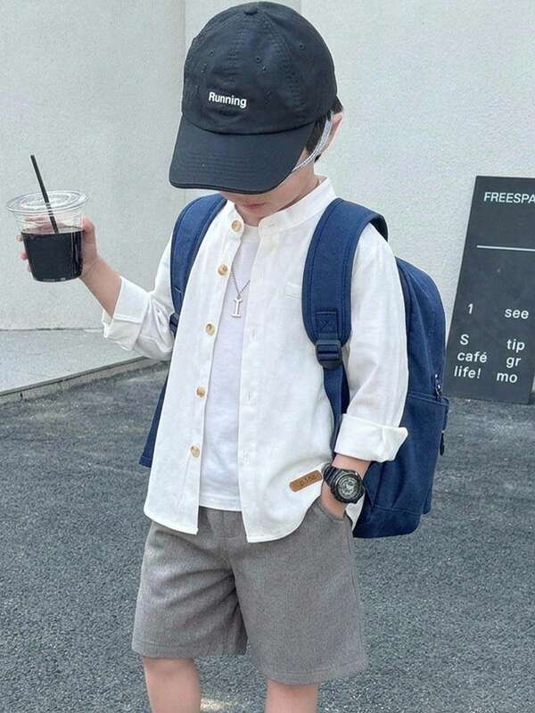 SHEIN Tween Boy Young Boy Fall And Winter Clothes, Tops, Shirts, White Stand Collar Long Sleeve Woven Shirt