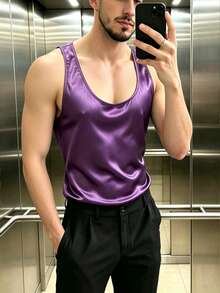 ZURIURI Men's Satin Pullover Sleeveless Tank Top - Purple - View 6