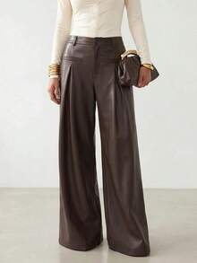 Zivah Women's Fashion Hot Girl PU Material Button Pleated Long Pants - Brown - View 2