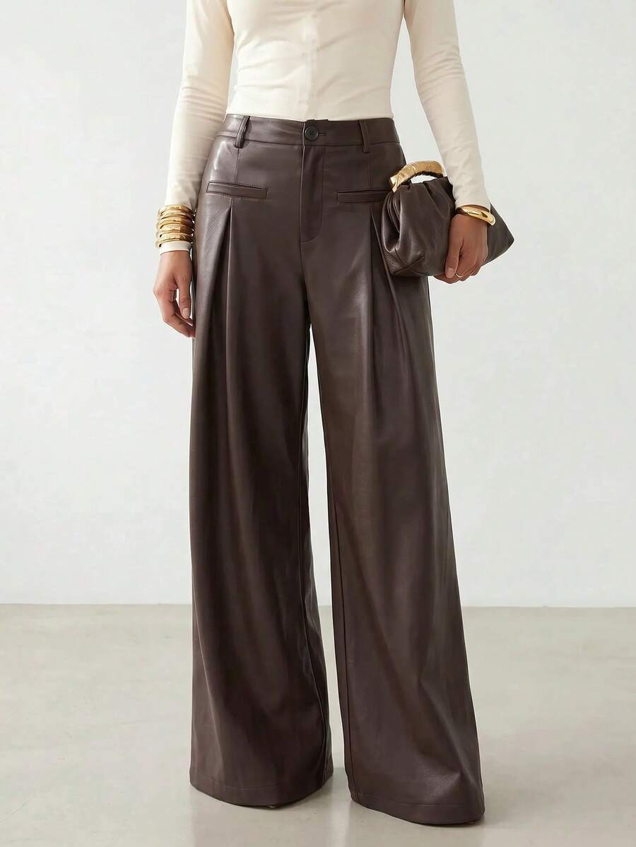 Zivah Women's Fashion Hot Girl PU Material Button Pleated Long Pants