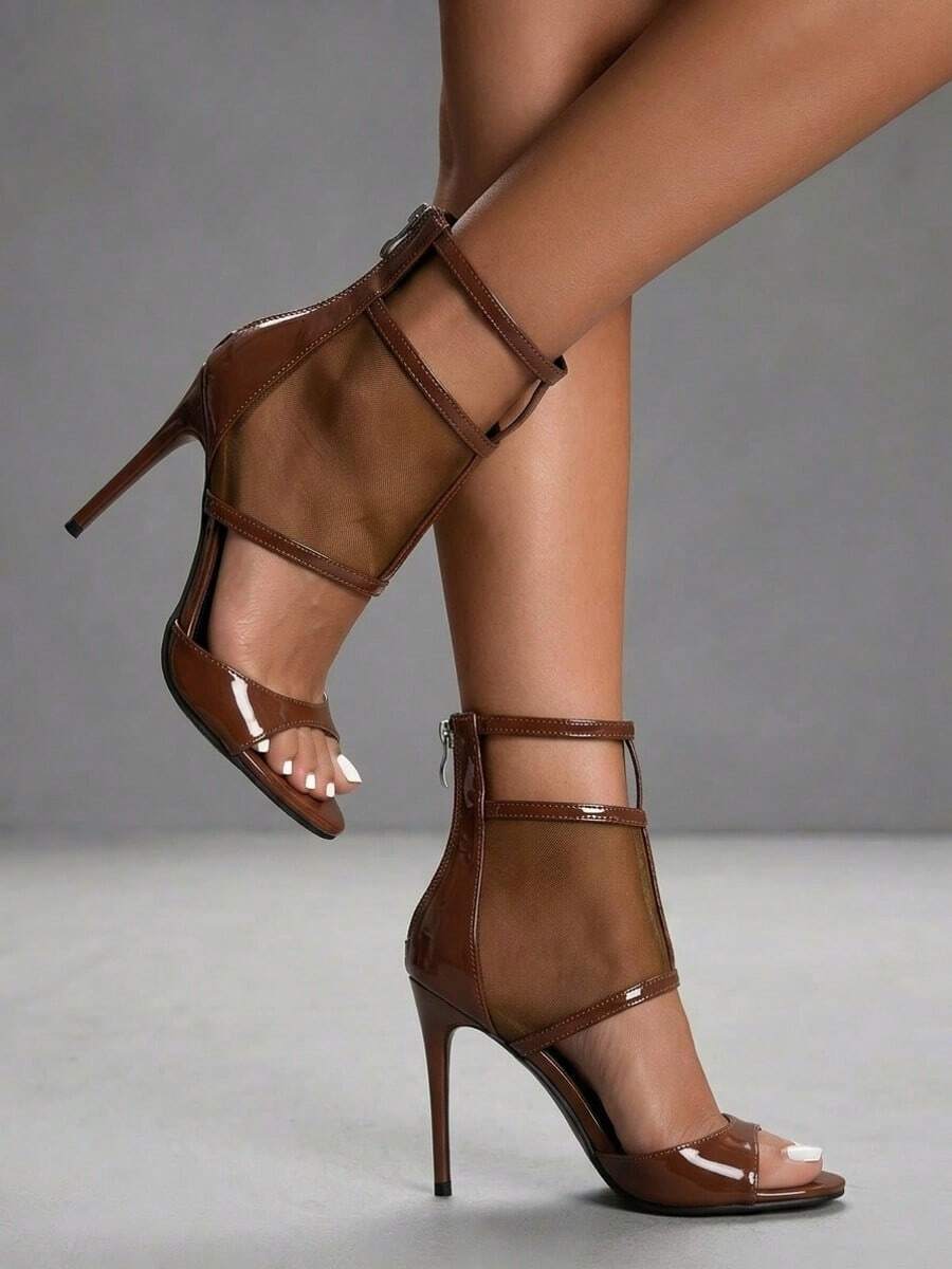 CUCCOO SZL Sandalias de tacón alto elegantes y sexys para mujer con diseño de malla transpirable y hueco, zapatos para banquetes y fiestas, botas frescas, tacones para graduación, zapatos de verano - Marrón - Ver 1