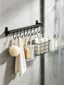 1 pieza Gancho de cocina montado en la pared sin perforación, estante multifuncional para almacenar utensilios de cocina del hogar. - Negro - Ver 7