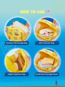 SpongeBob SquarePants | SHEIN 卡通海綿角色尼龍收納袋套組，2入可愛多用途收納袋，適用於衛生棉、化妝品和小配件，便攜式，適合女孩與學生 - 彩色 - 查看 3