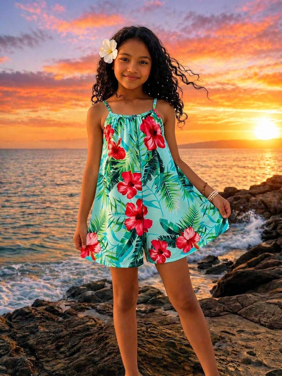 Tween Girl 熱帶植物印花細肩帶連身褲 - 彩色 - 查看 1