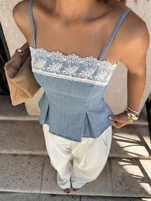 SHEIN EZwear Women's Contrast Lace Pleated Hem Fashion Camisole Denim Top Fall Elegant Top Social Cowgirl For Women Country Concert - Medium Wash - View 7