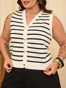 Bibi Tomais Plus Size Women Striped Single-Breasted Casual Knitted Vest In Fall/Winter - Multicolor - View 5