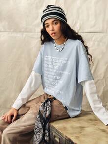 Norleigh Men's Knitted Fashion Casual Young Loose Long Sleeve T-Shirt With English Print Patchwork - Blue - View 8