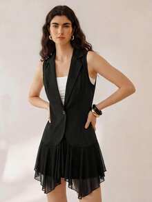 SHEIN Holidaya Women's Elegant Casual Sleeveless Deep V-Neck Waist-Cinching Vest With Mesh Hem Splice Design Blazer Top And Shorts 2 Pieces Set For Night Out Vacation - Black - View 7