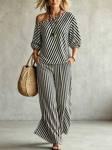 Glimmora New Women's Casual Loose Slant Shoulder Puff Sleeve Striped Top And Wide Leg Pants 2 Pieces Set - Black and White - View 4