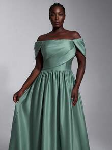 Elitara Plus Size Elegant Classy Formal Romantic Sage Green Off-Shoulder Ruched Pleated Puff Sleeve A-Line Evening Dress For Party Wedding Guest Dinner Date - Green - View 8