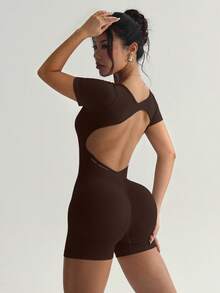 Slayform Slayform Women's Fashionable Sporty Cross-Design Backless Bodycon Jumpsuit Airport Outfit Full Bodycon Jumpsuit Airport Outfit Gym Women Outfit - Coffee Brown - View 7
