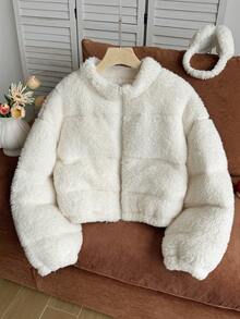 Comfortcana Plus Size Women's Casual Elegant Baggy Smart Vintage American Style White Fuzzy Warm Short Padded Coat Winter Office Going Out Formal Homewear - Beige - View 4