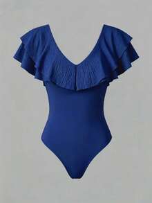 Rafferiza Women's Solid Color Ruffle Casual Bodysuit, Versatile For Daily Wear - Royal Blue - View 5