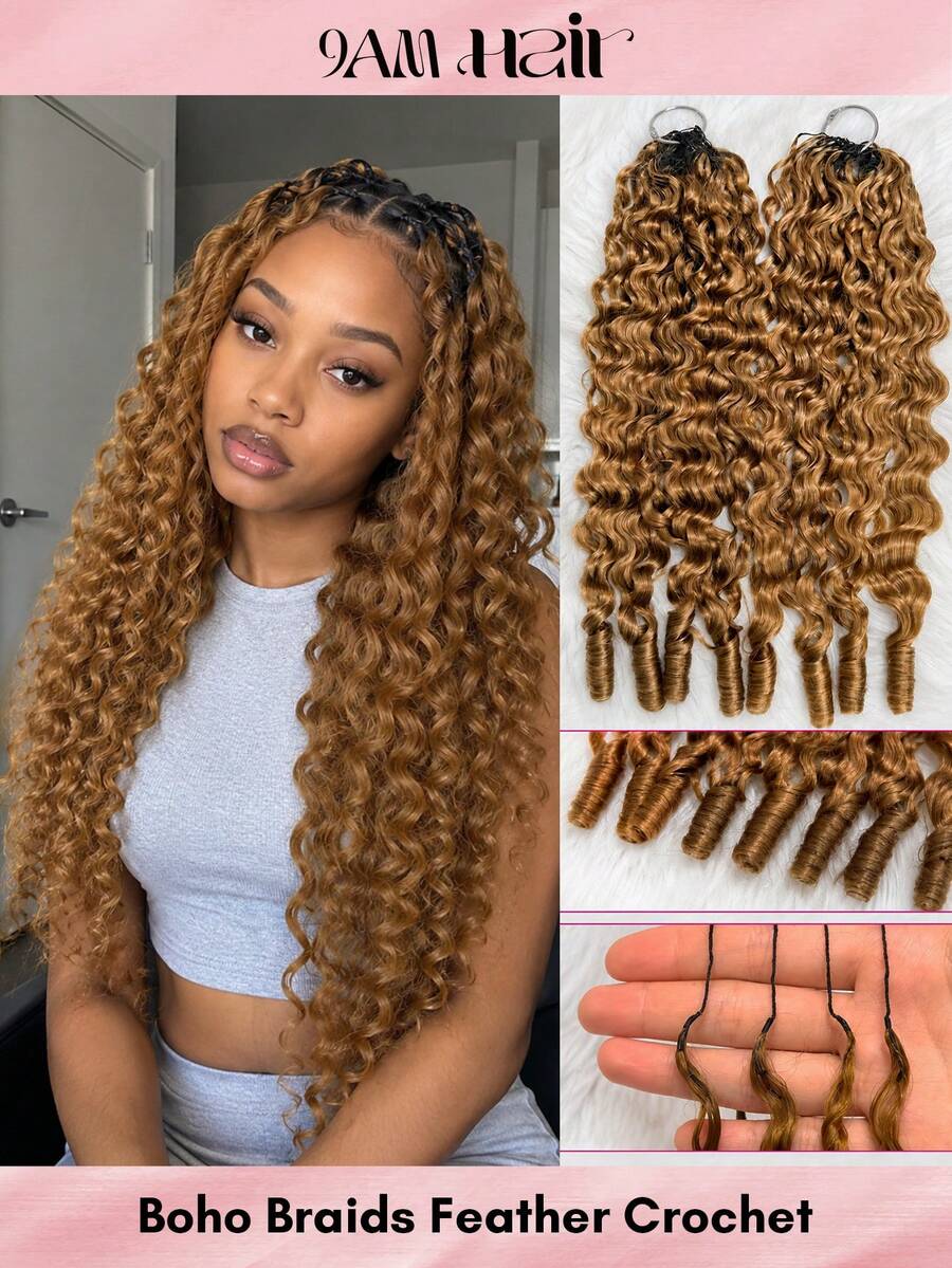 Boho Braids S30 銅棕色捲髮未氈化假髮 羽毛鉤編真人髮接髮 適用於 Miracle Knots 柔軟蓬鬆輕盈 自然外觀 易安裝 可重複使用 16-24 英吋 - S30 - 查看 1