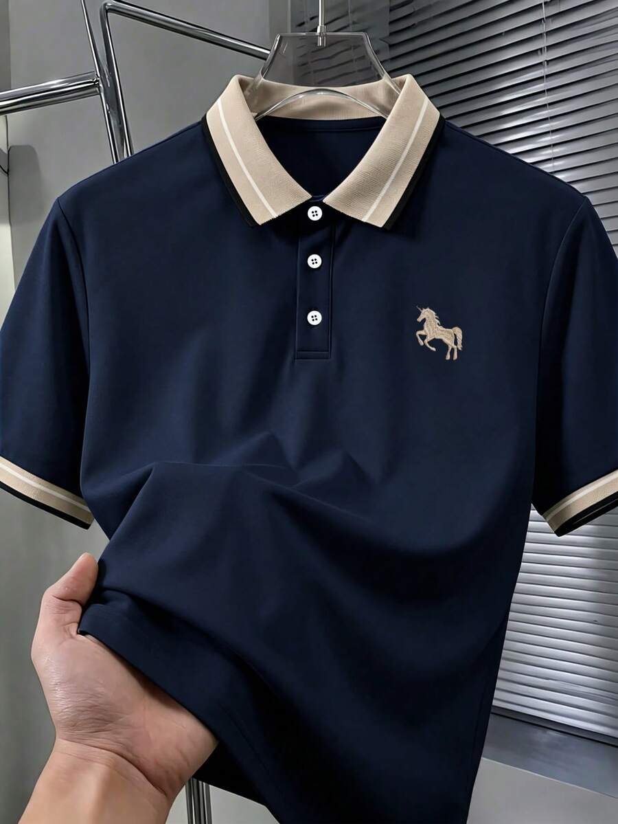 Calvornis Men's Plus Size Embroidered Ribbed Collar Mature Casual Short Sleeve Polo Shirt, Formal, Old Money - Navy Blue - View 1