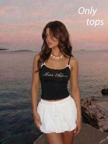 SHEIN MOD Women Fashionable Letter Rhinestone Bow Embellished Camisole Top - Black - View 5