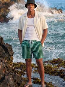 Manfinity EZcore Summer Plus Size Men's Striped Print Slant Pocket Drawstring Waist Casual Beach Shorts Holiday / Vacation / Beach / Hawaii / Tropical / Swim /  Bathing - Olive Green - View 4