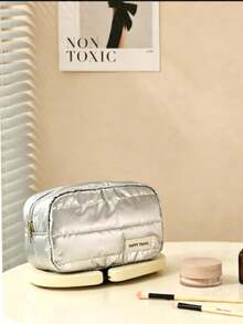 1 Pc/Set Solid Color Laser Foam Cosmetic Bag Handbag, Y2K Cyberpunk Fresh Large Capacity Storage Bag, Waterproof Glowing Cosmetic Bag Skin Care Bag Wash Bag Storage Bag - Silver - View 5