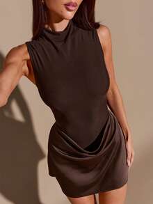 SHEIN BAE Autumn/Winter Solid Brown Sleeveless Fitted Minimalist Elegant Satin Patchwork Mini Dress - Brown - View 7