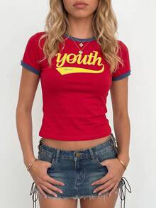 Sundraya Camiseta de manga corta con cuello redondo, estilo deportivo retro estadounidense, contraste de colores y gráfico de letras - Burdeos - Ver 2