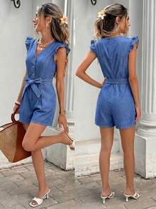 Serisse Women's V-Neck Single-Breasted Flutter Sleeve Casual Denim Romper Fall - Medium Wash - View 2
