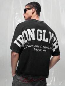 IRON GLYPH Men's Shoulder Sleeve Washed Letter Print T-Shirt - Black - View 3