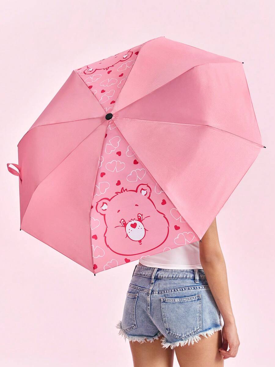 SHEIN X Care Bears 粉色 Care Bear 印花折疊傘,緊湊折疊設計,適合日常通勤、購物及戶外雨天使用 - 粉色 - 查看 1