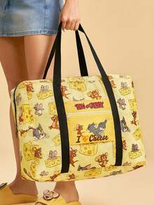 TOM & JERRY X SHEIN 1件裝貓咪與老鼠起司主題可折疊旅行托特包，輕量聚酯纖維行李套袋，附行李箱手提帶，大容量隨身攜行袋，適合旅行購物，卡通迷與旅行愛好者的完美禮物 - 淺黃色 - 查看 4