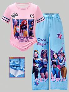 Genkimix Kids 两件套少女套装，采用数码印花技术，粉色上衣印有“NOVA BEAT”字样和卡通女孩星形图案，圆领短袖T恤搭配宽松休闲阔腿裤，整体运动休闲风格，适合日常穿着、学校活动以及春夏季节。 - 彩色 - 查看 3
