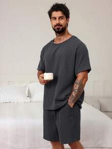 DAZY Conjunto de pijama de verano gris sólido para hombres, ropa de vuelta al colegio - Gris Oscuro - Ver 4