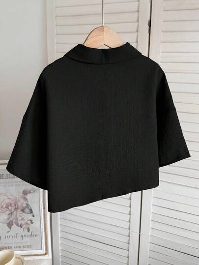 SHEIN Tween Girl Comfortable Textured Solid Color Woven Casual Cropped Shirt Black
