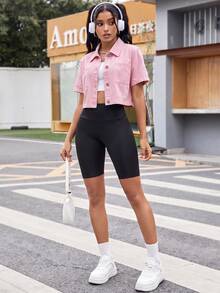 SHEIN ICON 休閒寬鬆短袖女款牛仔短版襯衫，適合夏季牛仔外套外穿上衣，秋季穿搭 - 粉色 - 查看 2
