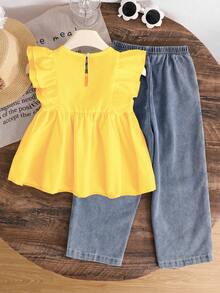 Genkimix Kids 2pcs/Set Cute Casual Ruffle Sleeveless Blouse And Fashion Studded Denim Pants Outfit Young Girls - Yellow - View 3