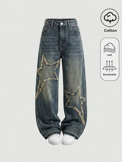SHEIN Girls' Big Tween Girl Frayed Hem Star Vintage Blue Denim Loose Wide Leg Long Pants Halloween Party Festival Winter Fall Graduation Y2k