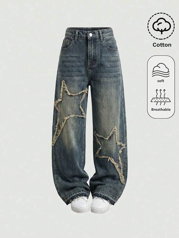 SHEIN Girls' Big Tween Girl Frayed Hem Star Vintage Blue Denim Loose Wide Leg Long Pants Halloween Party Festival Winter Fall Graduation Y2k